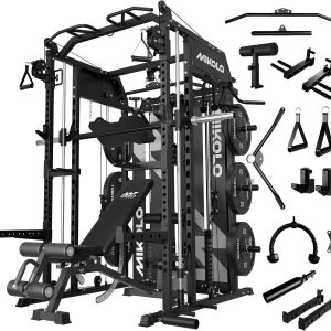 Mikolo Smith Machine with Weight Stack, Power Cage Home Gym System with LAT Pulldown & Cable Crossover, Multi-Functional Trainer with Dual Pulley System, Includes 10+ Free Attachments