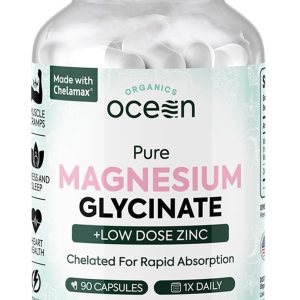 Organics Ocean Pure Magnesium Glycinate with Zinc – Maximum Strength Chelated Magnesium Supplement for Women and Men for Muscle Cramps and Sleep Support – 90 Capsule